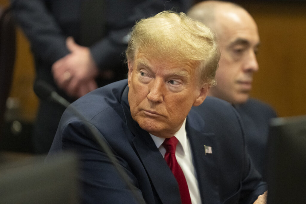 President Trump attends a pre-trial hearing at Manhattan Criminal Court on February 15, 2024. Trump was charged with 34 counts of falsifying business records last year, which prosecutors say was an effort to hide a potential sex scandal, both before and after the 2016 presidential election.