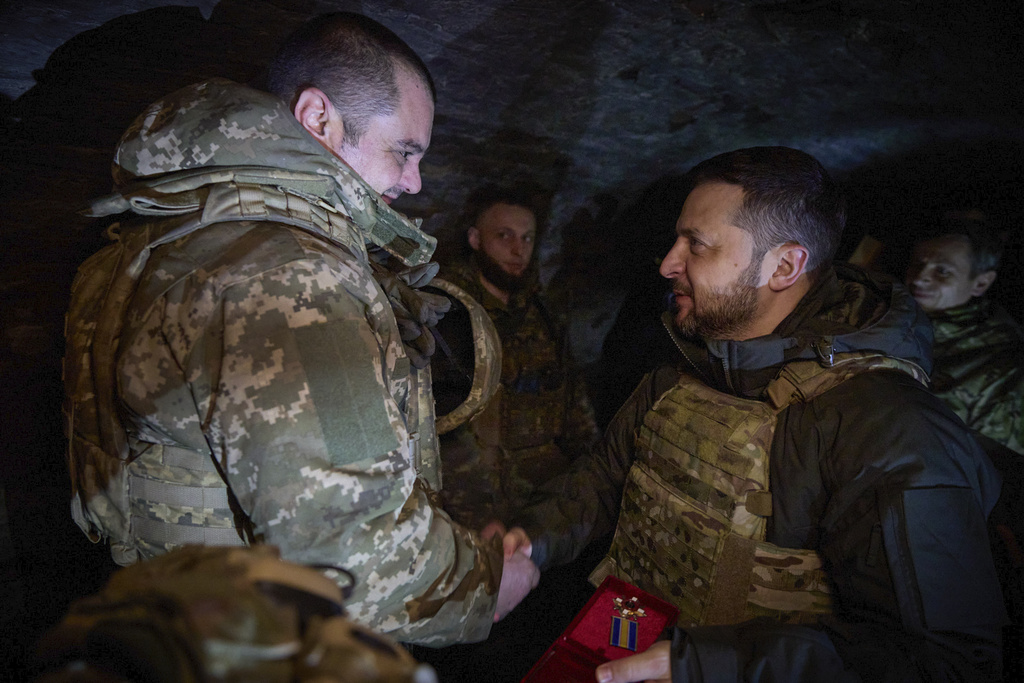 President Zelensky awards a serviceman on February 4, 2024.