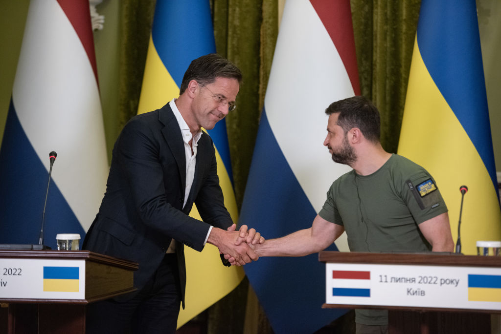 KYIV, UKRAINE - JULY 11: Dutch Prime Minister, Mark Rutte and Ukrainian President Volodymyr Zelensky shake hands during a joint press conference on July 11, 2022 in Kyiv, Ukraine. At the recent NATO leaders' summit, the Dutch PM was among the European leaders urging other NATO partners to step up arms deliveries to Ukraine amid its war with Russia.