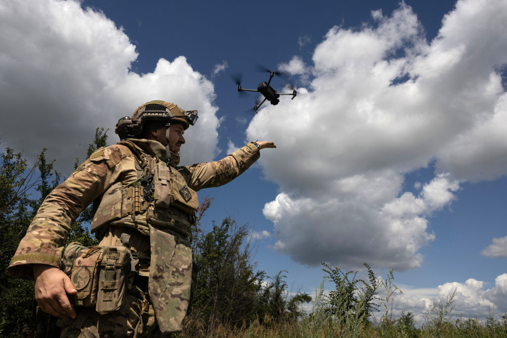 BAKHMUT, UKRAINE - JULY 16: A Ukrainian drone operator named Shrike from the 3rd Assault brigade lands his drone after a surveillance flight on July 16, 2023 near Bakhmut in the Donetsk Region of Ukraine. Ukraine has regained territory north and south of Bakhmut after the city was captured by Russian forces in May, following a yearlong battle. (Photo by