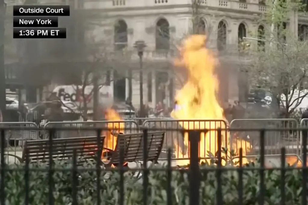 An image from video of the man's self-immolation in a park outside Manhattan criminal court, April 19, 2024, at New York.