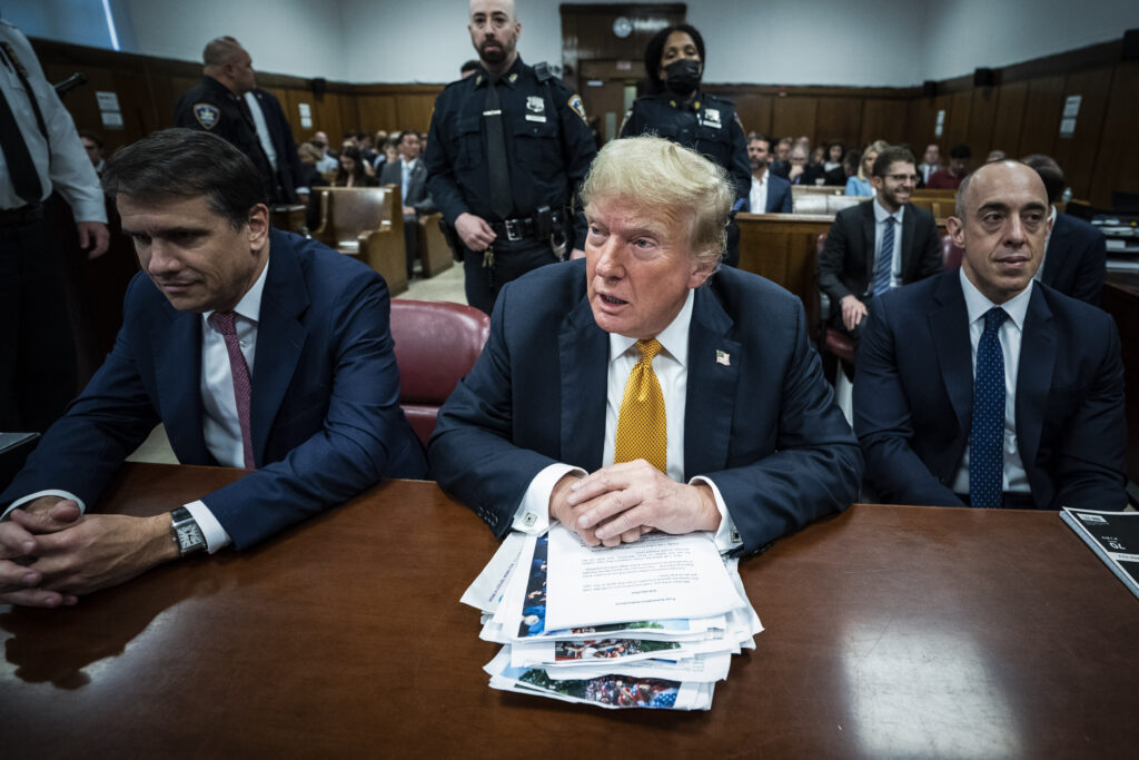 NEW YORK, NEW YORK - MAY 29: Former U.S. President Donald Trump with attorneys Todd Blanche and Emil Bove attends his criminal trial at Manhattan Criminal Court on May 29, 2024 in New York City. Judge Juan Merchan will give the jury their instructions before they begin deliberations today. The former president faces 34 felony counts of falsifying business records in the first of his criminal cases to go to trial. (Photo by