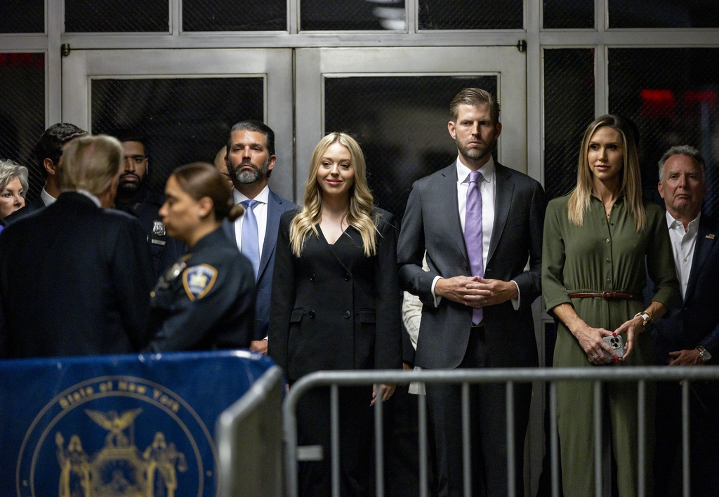 Tiffany Trump, center, with Donald Trump Jr., Eric Trump, and Lara Trump outside of Manhattan Criminal Court, May 28, 2024, at New York.