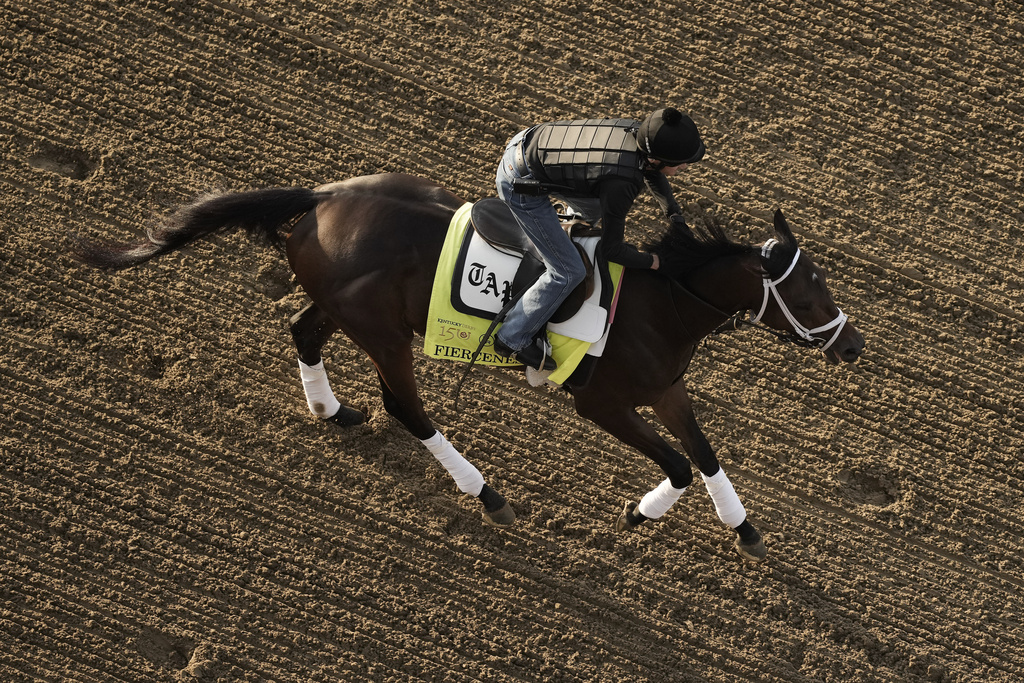 Kentucky Derby entrant Fierceness works out at Churchill Downs Thursday, May 2, 2024, in Louisville, Ky. The 150th running of the Kentucky Derby is scheduled for Saturday, May 4.