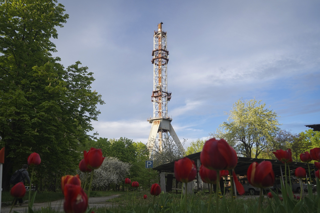 A view of the television tower broken in half after it was hit by a Russian missile in Kharkiv, Ukraine, Monday, April 22, 2024.