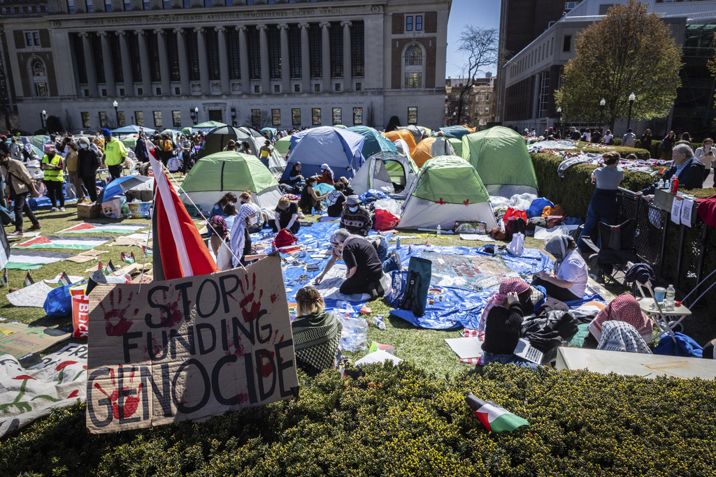 A sign sits erected at the pro-Palestinian demonstration encampment at Columbia University Monday, April 22, 2024.