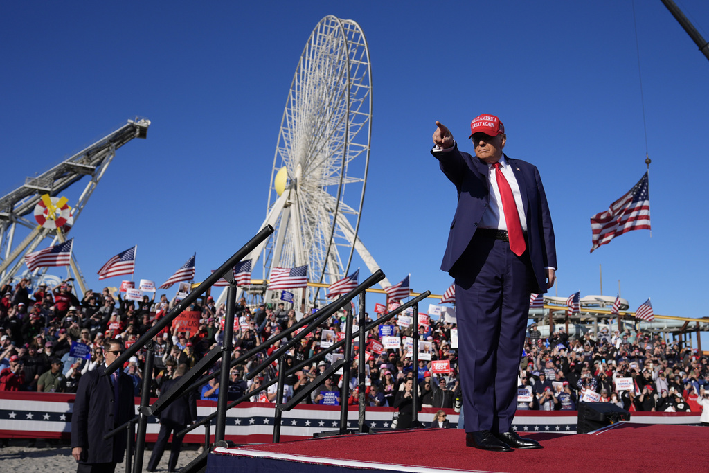 Republican presidential candidate former President Donald Trump gestures to the crowd during a campaign rally in Wildwood, N.J., Saturday, May 11, 2024. (