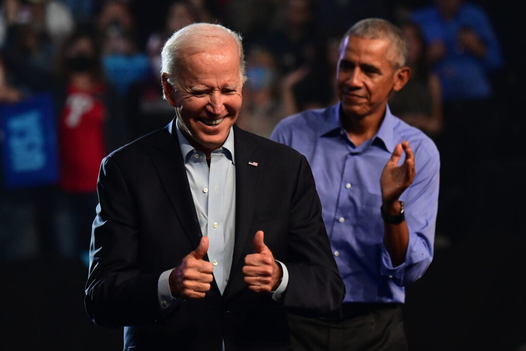 PHILADELPHIA, PA - NOVEMBER 05: President Joe Biden (L) and former U.S. President Barack Obama (R) rally for Pennsylvania Democratic Senate nominee John Fetterman and Democratic gubernatorial nominee Josh Shapiro at the Liacouras Center on November 5, 2022 in Philadelphia, Pennsylvania. Fetterman will face Republican nominee Dr. Mehmet Oz as Shapiro faces Republican Doug Mastriano on November 8 in the midterm general election. (Photo by