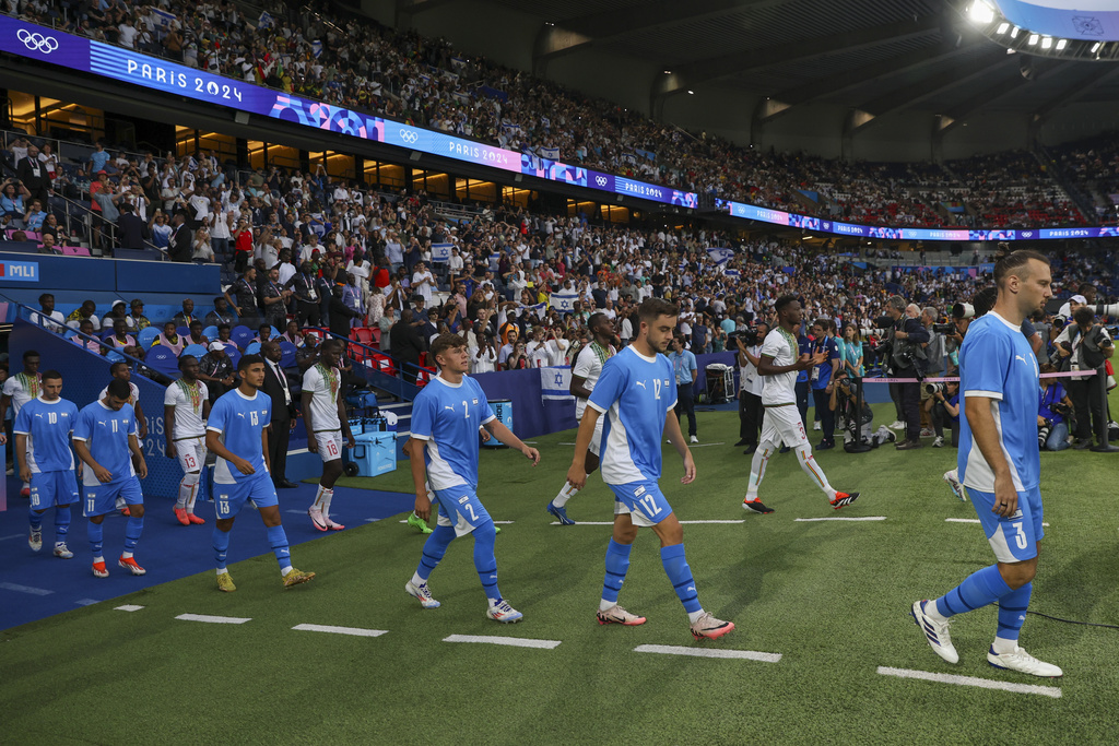 Members of Israel's soccer team before a match against Mali at the Parc des Princes during the 2024 Paris Summer Olympics, July 24.