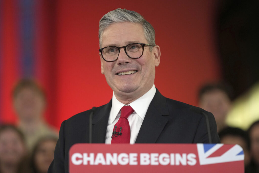 Labour Party leader Keir Starmer smiles as he speaks to his supporters at the Tate Modern in London, Friday, July 5, 2024. Labour Party Starmer says voters 