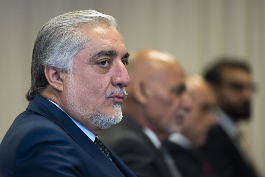 RLINGTON, VA - JUNE 25: Abdullah Abdullah (L), leader of Afghanistans High Council for National Reconciliation, listens during a meeting with President of Afghanistan Ashraf Ghani and U.S. Secretary of Defense Lloyd Austin at the Pentagon on June 25, 2021 in Arlington, Virginia. Later on Friday, Ghani will meet with U.S. President Joe Biden in the Oval Office of the White House. (Photo by Drew Angerer/Getty Images)