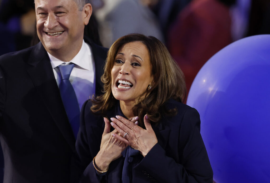 CHICAGO, ILLINOIS - AUGUST 22: (EDITOR'S NOTE: This image was sent with an alternate crop) Democratic presidential nominee, U.S. Vice President Kamala Harris celebrates after accepting the Democratic presidential nomination during the final day of the Democratic National Convention at the United Center on August 22, 2024 in Chicago, Illinois. Delegates, politicians, and Democratic Party supporters are gathering in Chicago, as current Vice President Kamala Harris is named her party's presidential nominee. The DNC takes place from August 19-22. (Photo by