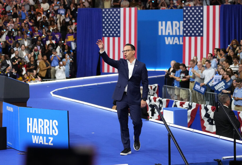 Governor Shapiro greets the crowd before the start of a campaign rally with Vice President Harris and Governor Walz at Girard College on August 6, 2024, at Philadelphia.