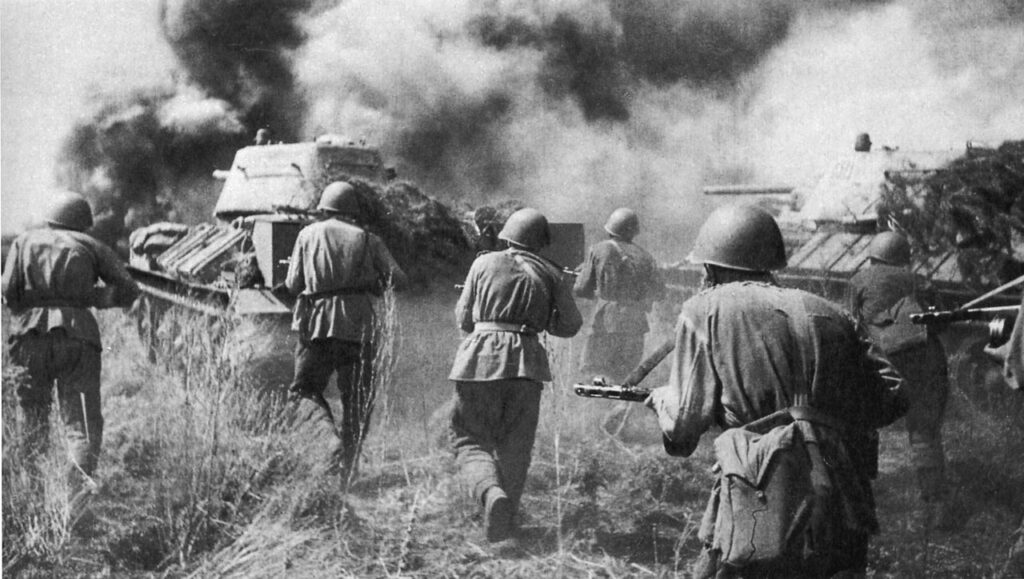 Soviet troops of the Voronezh Front counterattacking behind T-34 tanks at Prokhorovka during the Battle of Kursk Date 12 July 1943