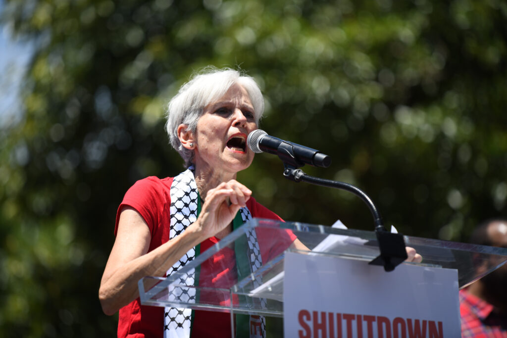 WASHINGTON, DC - JUNE 8: Green Party presidential candidate Stein speaks at a Pro-Palestinian protest in front of the White House on June 8, 2024.