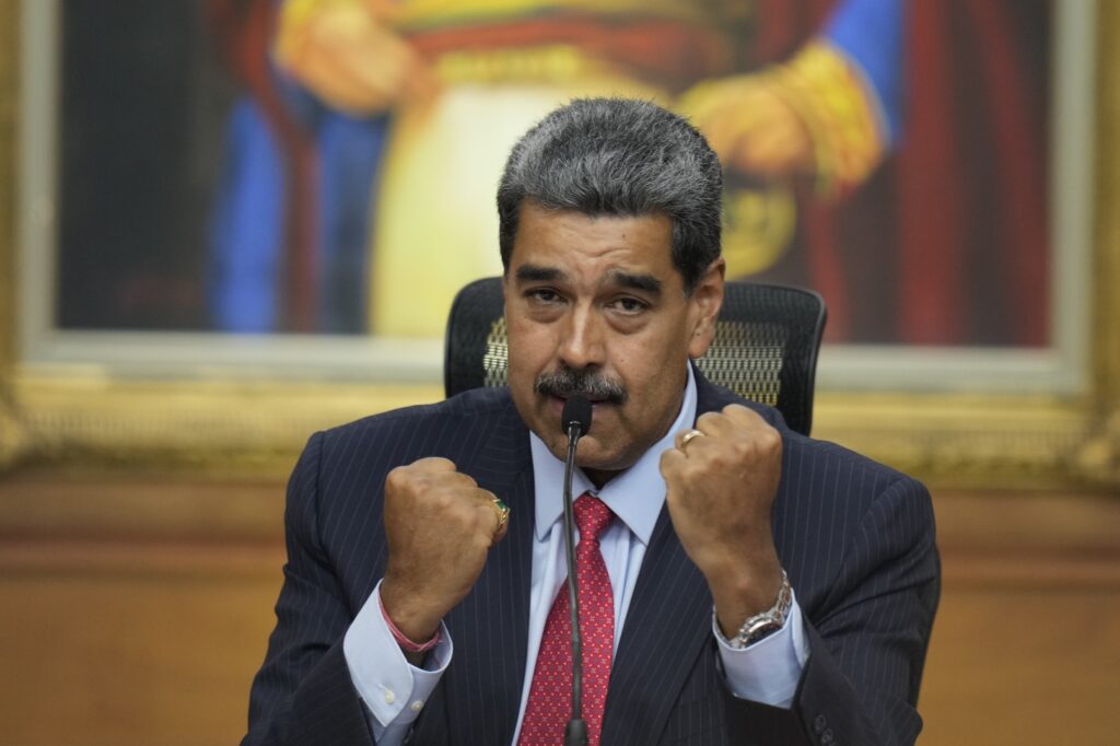 President Maduro gestures during a news conference at Miraflores presidential palace at Caracas.