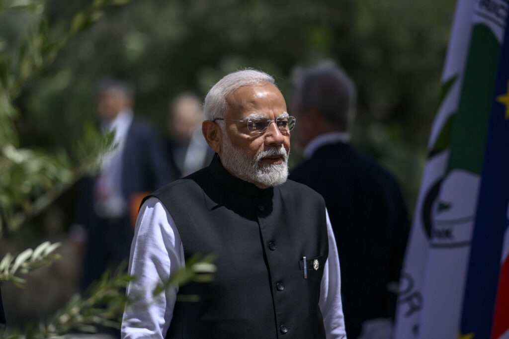 FASANO, ITALY - JUNE 14: India Narendra Modi arrives at Borgo Egnazia on day two of the 50th G7 summit, on June 14, 2024 in Fasano, Italy. The G7 summit in Puglia, hosted by Italian Prime Minister Giorgia Meloni, the seventh held in Italy, gathers leaders from the seven member states, the EU Council, and the EU Commission. Discussions will focus on topics including Africa, climate change, development, the Middle East, Ukraine, migration, Indo-Pacific economic security, and artificial intelligence. (Photo by Antonio Masiello/Getty Images)