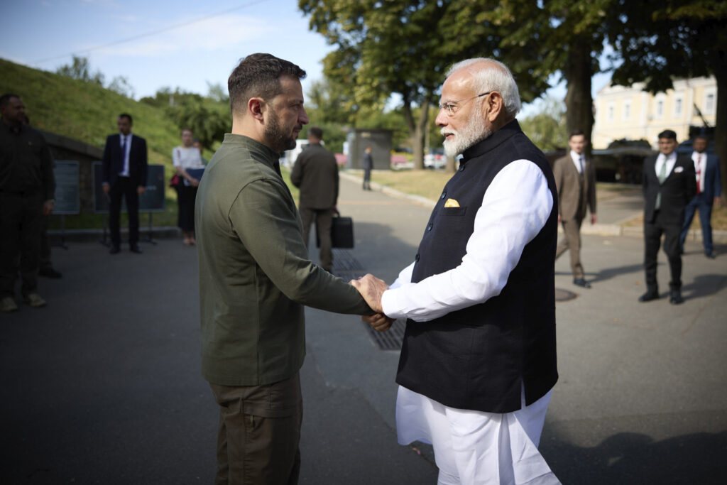 This photo provided by the Ukrainian Presidential Press Office, shows Indian Prime Minister Narendra Modi, right, meeting with Ukrainian President Volodymyr Zelenskyy at the Martyrologist Exposition in Kyiv, Ukraine, Friday, Aug. 23, 2024. (Ukrainian Presidential Press Office via AP)