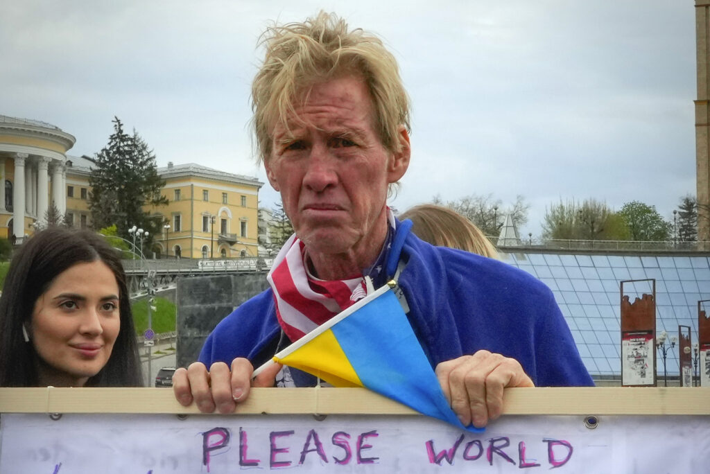 Ryan Wesley Routh takes part in a rally at central Kyiv, Ukraine, Saturday, April 30, 2022.