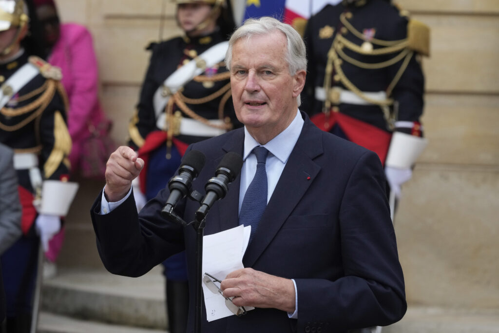 New French prime minister Michel Barnier delivers a speech during the handover ceremony, Thursday, Sept. 5, 2024 in Paris. President Emmanuel Macron has named EU's Brexit negotiator Michel Barnier as France's new prime minister after more than 50 days of caretaker government.