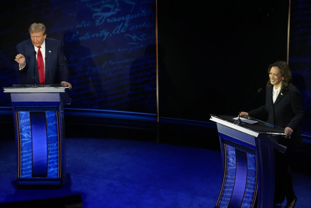 Republican presidential nominee former President Donald Trump and Democratic presidential nominee Vice President Kamala Harris participate during an ABC News presidential debate at the National Constitution Center, Tuesday, Sept.10, 2024, in Philadelphia. (AP Photo/Alex Brandon)