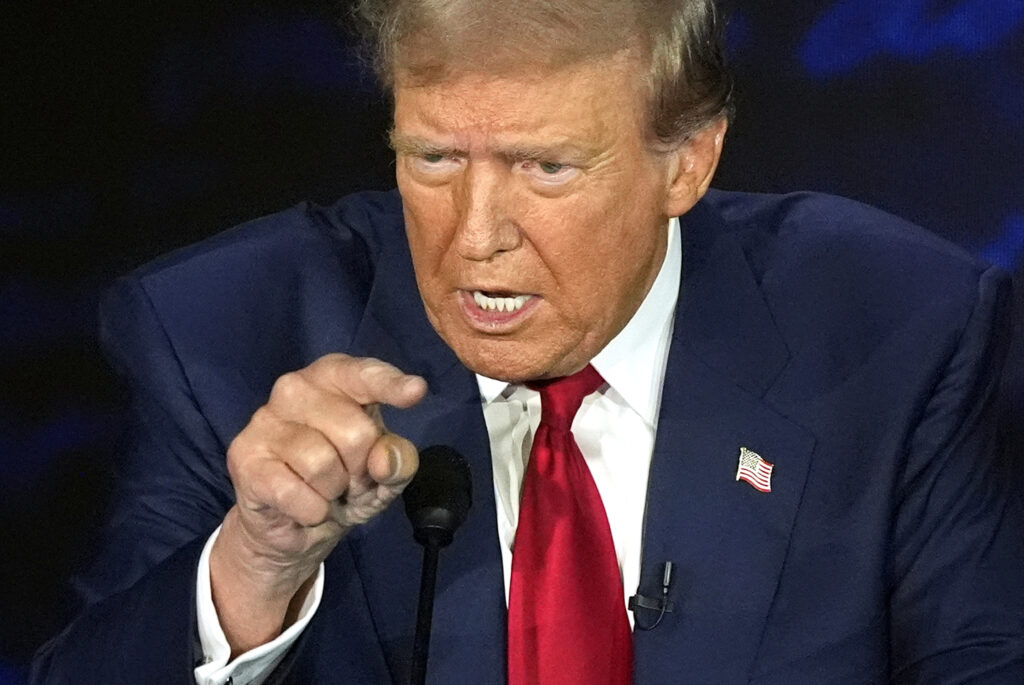 President Trump speaks during a presidential debate with Vice President Harris.