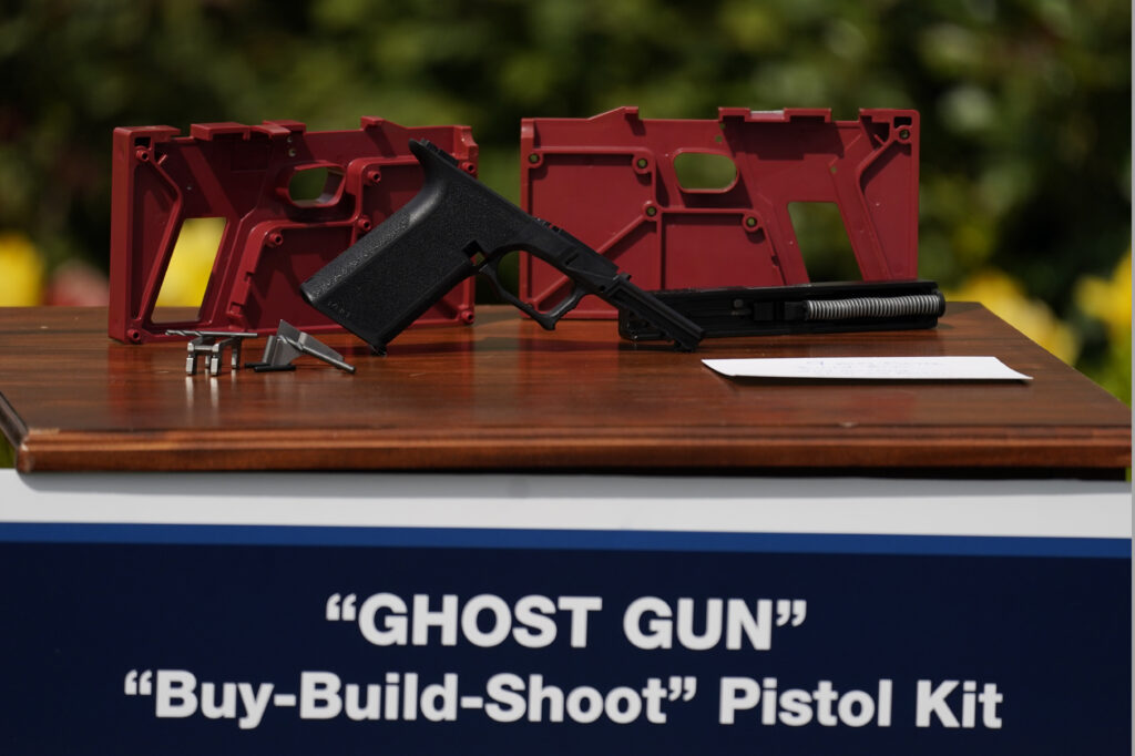 A 9mm pistol build kit with a commercial slide and barrel with a polymer frame is displayed during an event in the Rose Garden of the White House in Washington, Monday, April 11, 2022. President Joe Biden announced a final version of its ghost gun rule, which comes with the White House and the Justice Department under growing pressure to crack down on gun deaths.. (AP Photo/Carolyn Kaster)