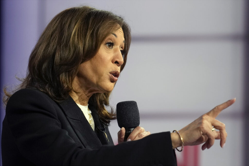 Democratic presidential nominee Vice President Kamala Harris speaks during a CNN town hall in Aston, Pa., Wednesday, Oct. 23, 2024.