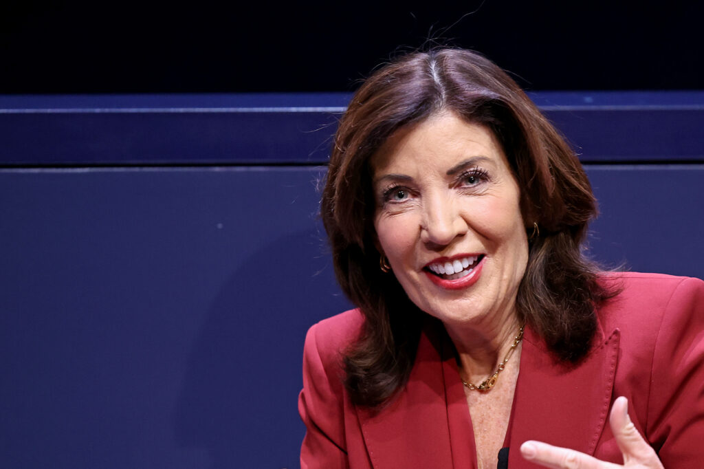 NEW YORK, NEW YORK - OCTOBER 10: Governor Kathy Hochul speaks onstage during the Project Healthy Minds World Mental Health Day Festival at Hudson Yards on October 10, 2024 in New York City. (Photo by