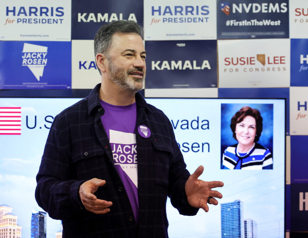 LAS VEGAS, NEVADA - OCTOBER 21: Jimmy Kimmel thanks volunteer workers at a Democratic coordinated campaign canvass launch with U.S. Sen. Jacky Rosen (D-NV) on October 21, 2024 in Las Vegas, Nevada. Rosen is campaigning for reelection against Republican U.S. Senate candidate Sam Brown. (Photo by Ethan Miller/Getty Images)