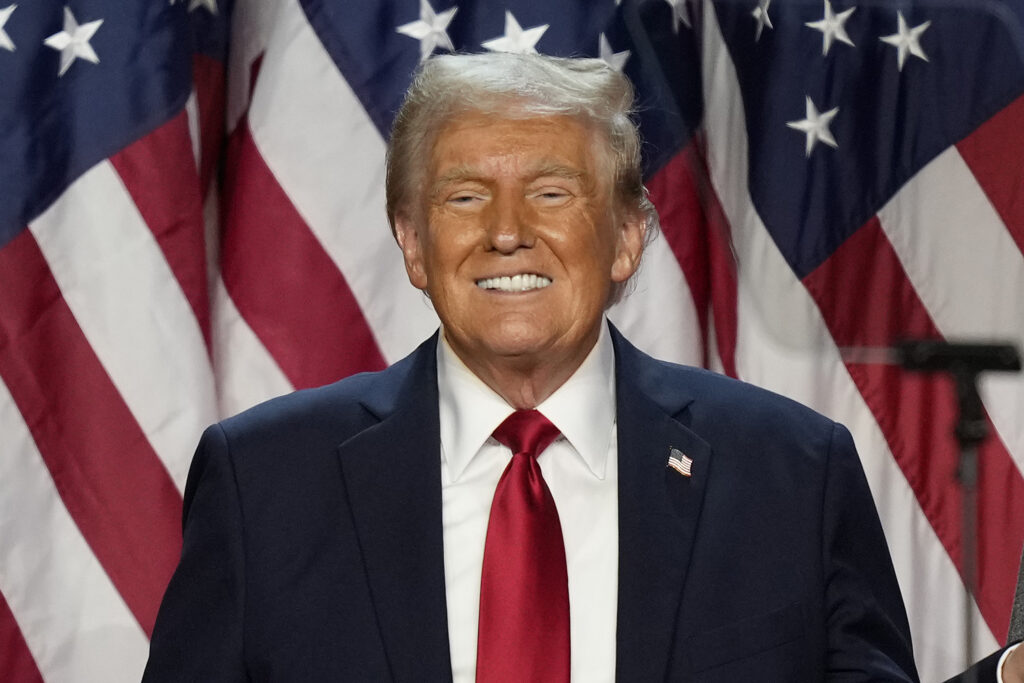 Republican presidential nominee former President Donald Trump is pictured at an election night watch party, Wednesday, Nov. 6, 2024, in West Palm Beach, Fla.