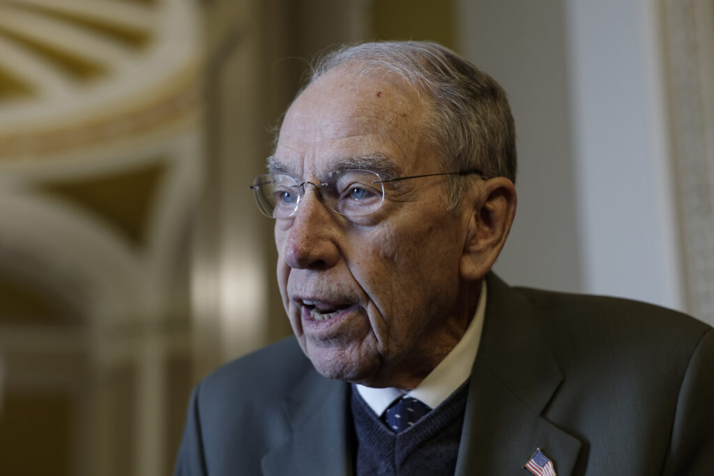 WASHINGTON, DC - MARCH 14: Sen. Chuck Grassley (R-IA) speaks with reporters outside of the Senate Chambers in the U.S. Capitol Building on March 14, 2023 in Washington, DC. Senators return to session this week amidst the government reaction to the closing of Silicon Valley Bank and Signature Bank.