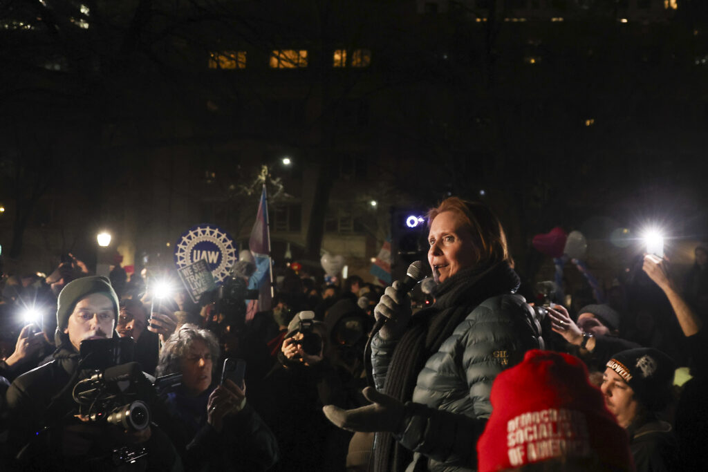 Cynthia Nixon speaks during a rally demanding that NYU Langone commit to providing gender-affirming care for transgender youth following an executive order by President Donald Trump aimed at cutting federal funding, Monday, Feb. 3, 2025, in New York. (AP Photo/Heather Khalifa)