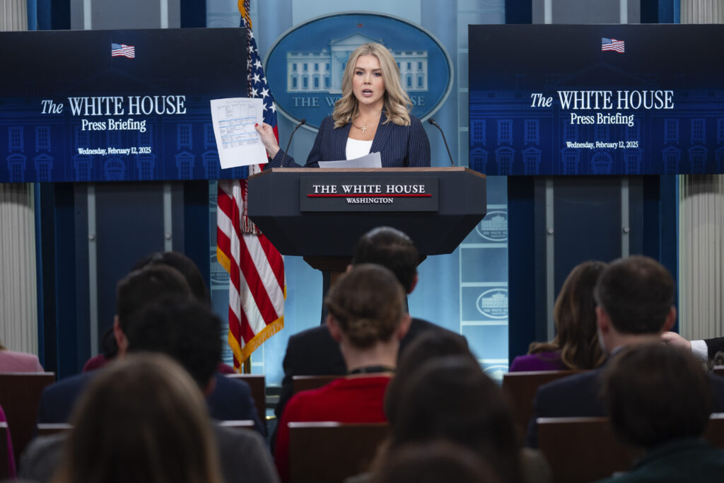 White House press secretary Karoline Leavitt speaks during a briefing at the White House, Wednesday, Feb. 12, 2025, in Washington. (AP Photo/Evan Vucci)