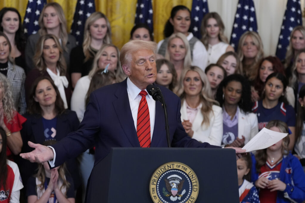 President Donald Trump speaks before signing an executive order barring transgender female athletes from competing in women's or girls' sporting events, in the East Room of the White House, Wednesday, Feb. 5, 2025, in Washington. (AP Photo/Alex Brandon)