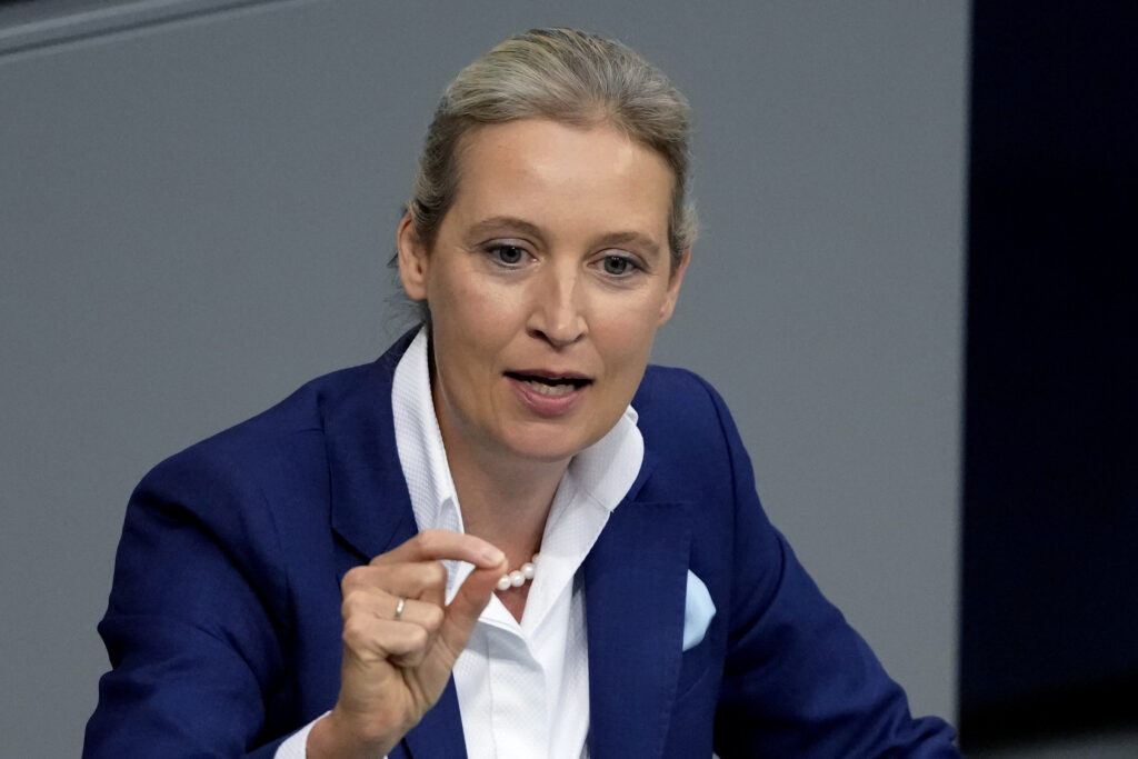 FILE - AfD head Alice Weidel speaks during a general debate of the German parliament Bundestag in Berlin, Germany, Sept.11, 2024.