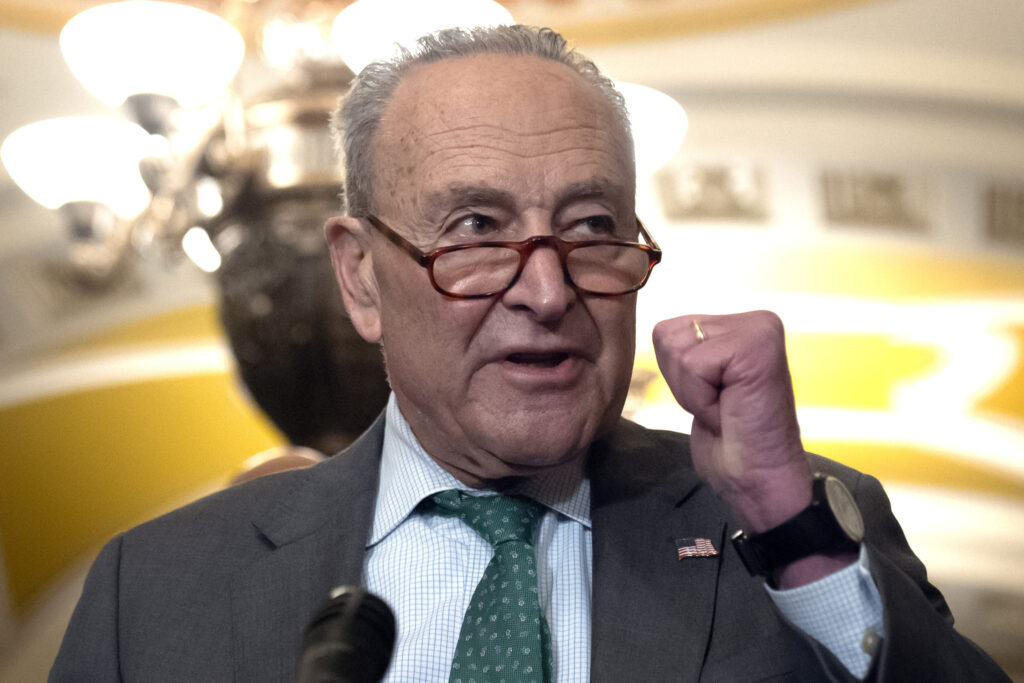 Sen. Charles Schumer, D-N.Y., speaks to reporters after a Senate policy luncheon on Capitol Hill, Tuesday, March 11, 2025, in Washington.