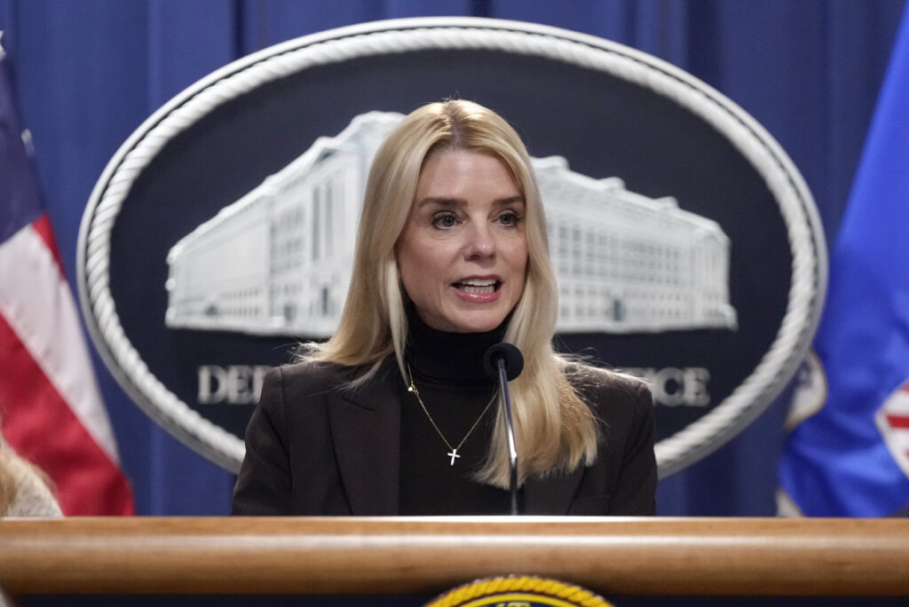 Attorney General Bondi speaks at a news conference at the Justice Department on February 12, 2025, at Washngton.