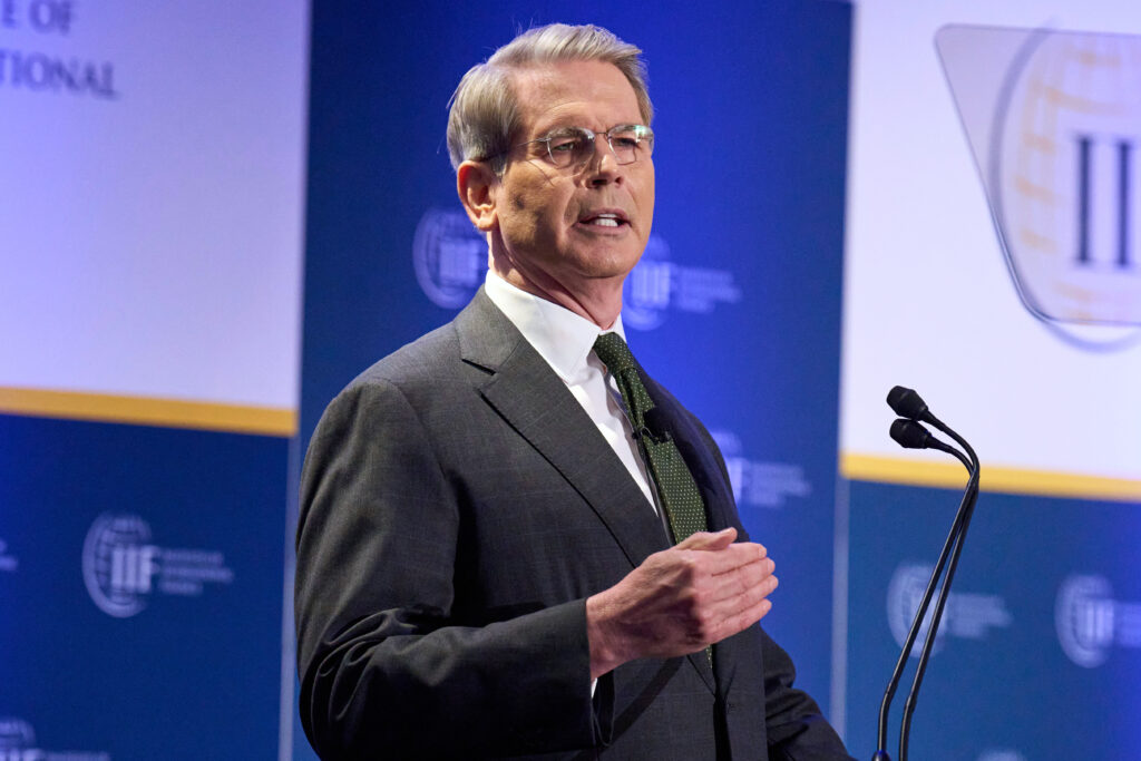 Treasury Secretary Scott Bessent speaks, Wednesday, April 23, 2025, to the Institute of International Finance Global Outlook Forum at the Willard Hotel in Washington.
