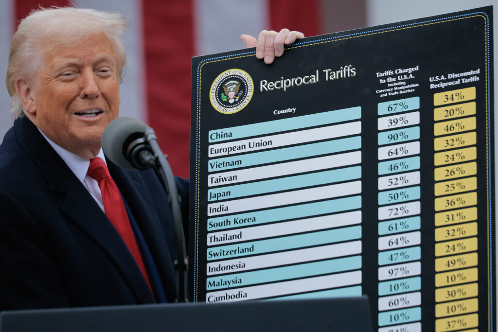 WASHINGTON, DC - APRIL 02: U.S. President Donald Trump speaks during a “Make America Wealthy Again” trade announcement event in the Rose Garden at the White House on April 2, 2025 in Washington, DC. Touting the event as “Liberation Day”, Trump announced additional tariffs targeting goods imported to the U.S. (Photo by