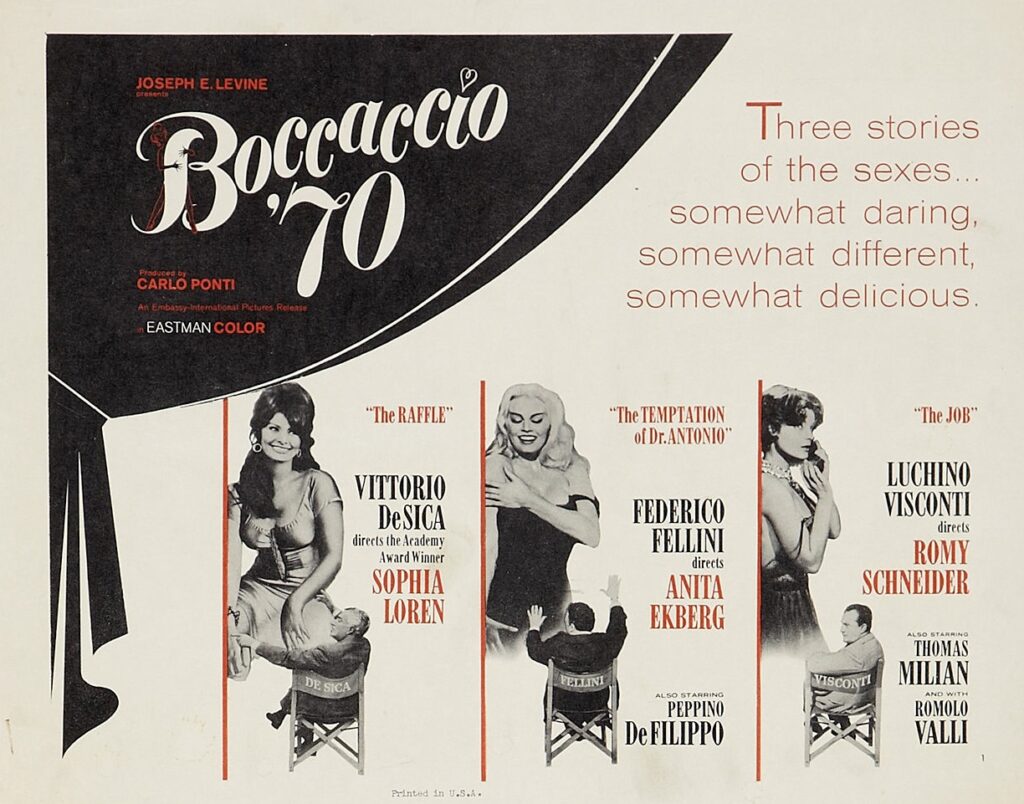 Movie poster for 'Boccaccio '70,' a 1962 film inspired by the novellas of Boccaccio.