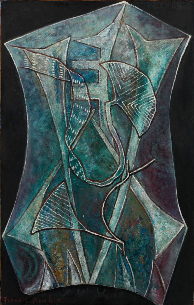 Bonheurdel'aveuglement-hiresBonheurdel‘aveuglement(JoyofBlindness)1946–1947c.Oilonwood151.5x96.3x0.9cm/595/8x377/8x3/8inPhoto:courtesyMercatorfonds,Belgium,andComitéPicabiaPrivateCollection©2025ArtistsRightsSociety(ARS),NewYork