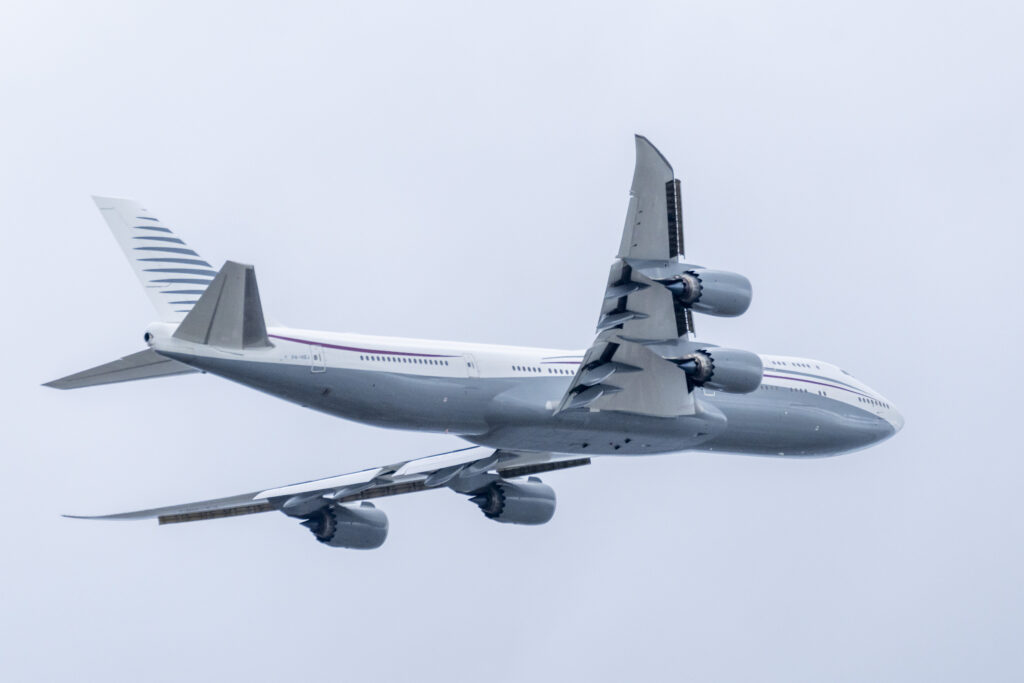 FILE - A 13-year-old private Boeing aircraft that President Donald Trump toured on Saturday to check out new hardware and technology features, and highlight the aircraft maker's delay in delivering updated versions of the Air Force One presidential aircraft, takes off from Palm Beach International Airport, Feb. 16, 2025, in West Palm Beach, Fla.
