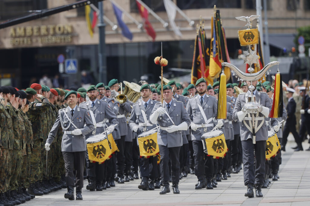 German soldiers march at the formal inauguration of a German brigade for NATO's eastern flank in the center of Vilnius, Lithuania, Thursday, May 22, 2025.