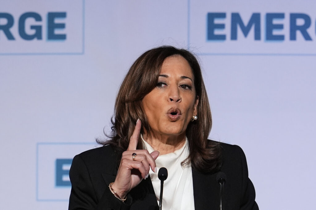 Former Vice President Kamala Harris delivers the keynote speech at the Emerge 20th Anniversary Gala in San Francisco, Wednesday, April 30, 2025