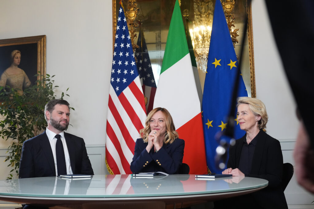 ROME, ITALY - MAY 18: U.S. Vice President JD Vance (L) meets with Italy's Prime Minister Giorgia Meloni (C) and European Commission President Ursula von der Leyen at the Chigi Palace on May 18, 2025 in Rome, Italy. U.S. Vice President JD Vance is in Rome to attend the inauguration mass of Pope Leo XIV at the Vatican. (Photo by