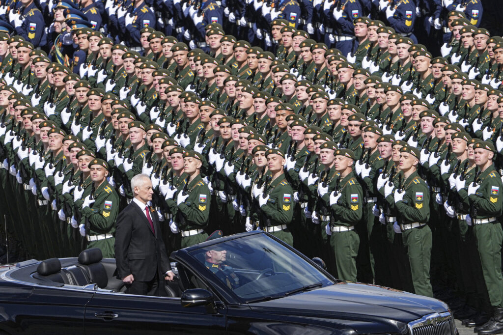 Russian Defense Minister Andrei Belousov is driven along Red Square in an Aurus car during the Victory Day military parade in Moscow, Russia, Friday, May 9, 2025, marking the 80th anniversary of the Soviet Union's victory over Nazi Germany during the World War II.