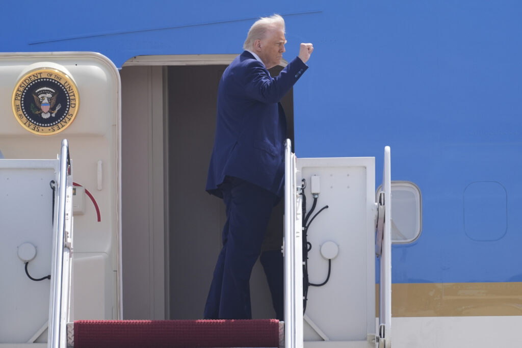 President Donald Trump boards Air Force One at Joint Base Andrews, Md., on his way to Riyadh, Saudi Arabia, Monday, May 12, 2025.