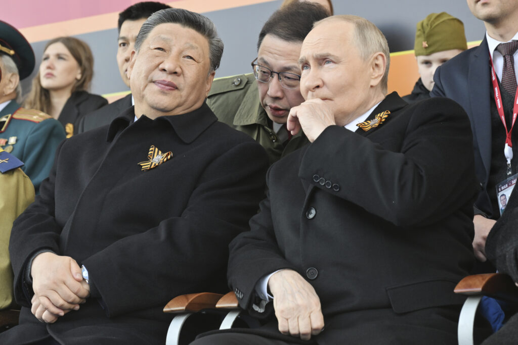 Russian President Vladimir Putin, right, and Chinese President Xi Jinping watch the Victory Day military parade in Moscow, Russia, Friday, May 9, 2025, during celebrations of the 80th anniversary of the Soviet Union's victory over Nazi Germany during the World War II.