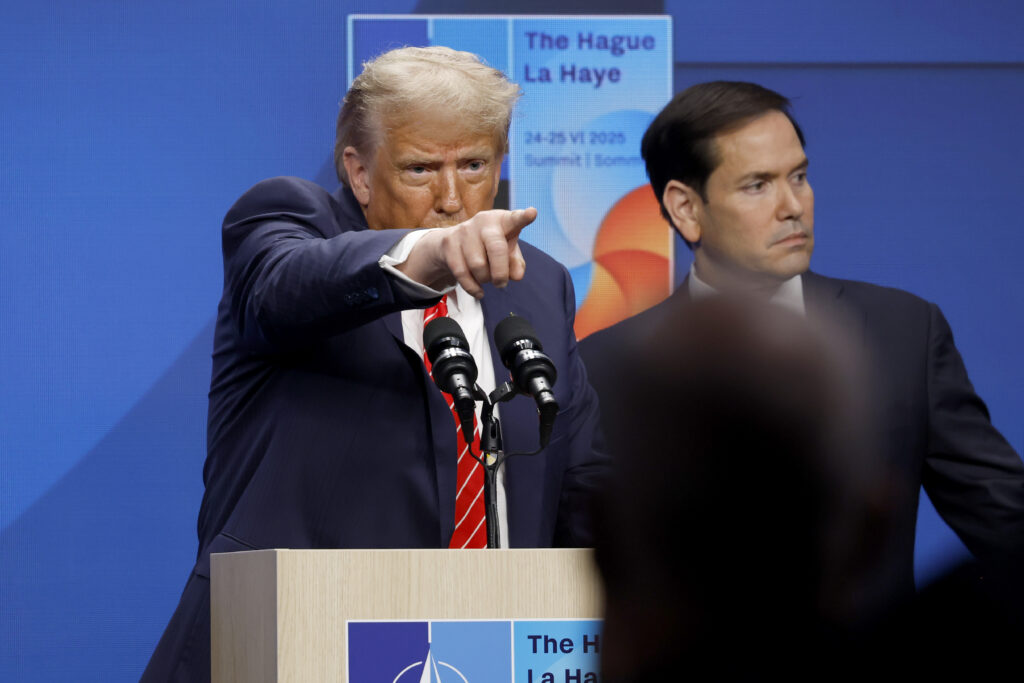 THE HAGUE, NETHERLANDS - JUNE 25: US President Donald Trump (L) during a news conference with Marco Rubio, US secretary of state on the second day of the 2025 NATO Summit on June 25, 2025 in The Hague, Netherlands. Among other matters, members are to approve a new defense investment plan that raises the target for defense spending to 5% of GDP. (Photo by